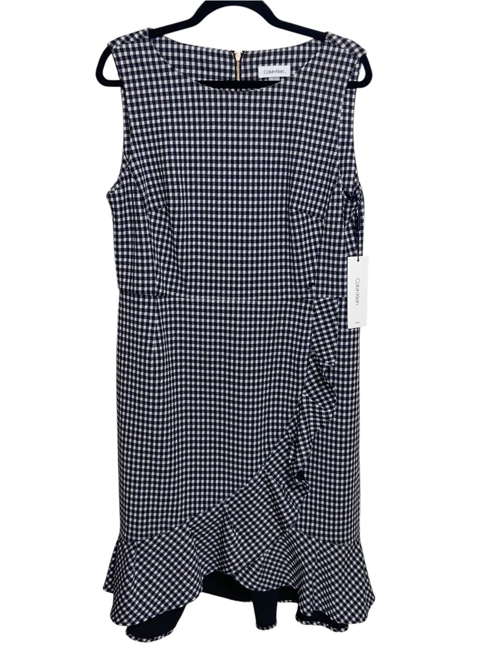 Calvin Klein Dress Womens Size 14 Black White Gingham Ruffle Cottagecore Preppy